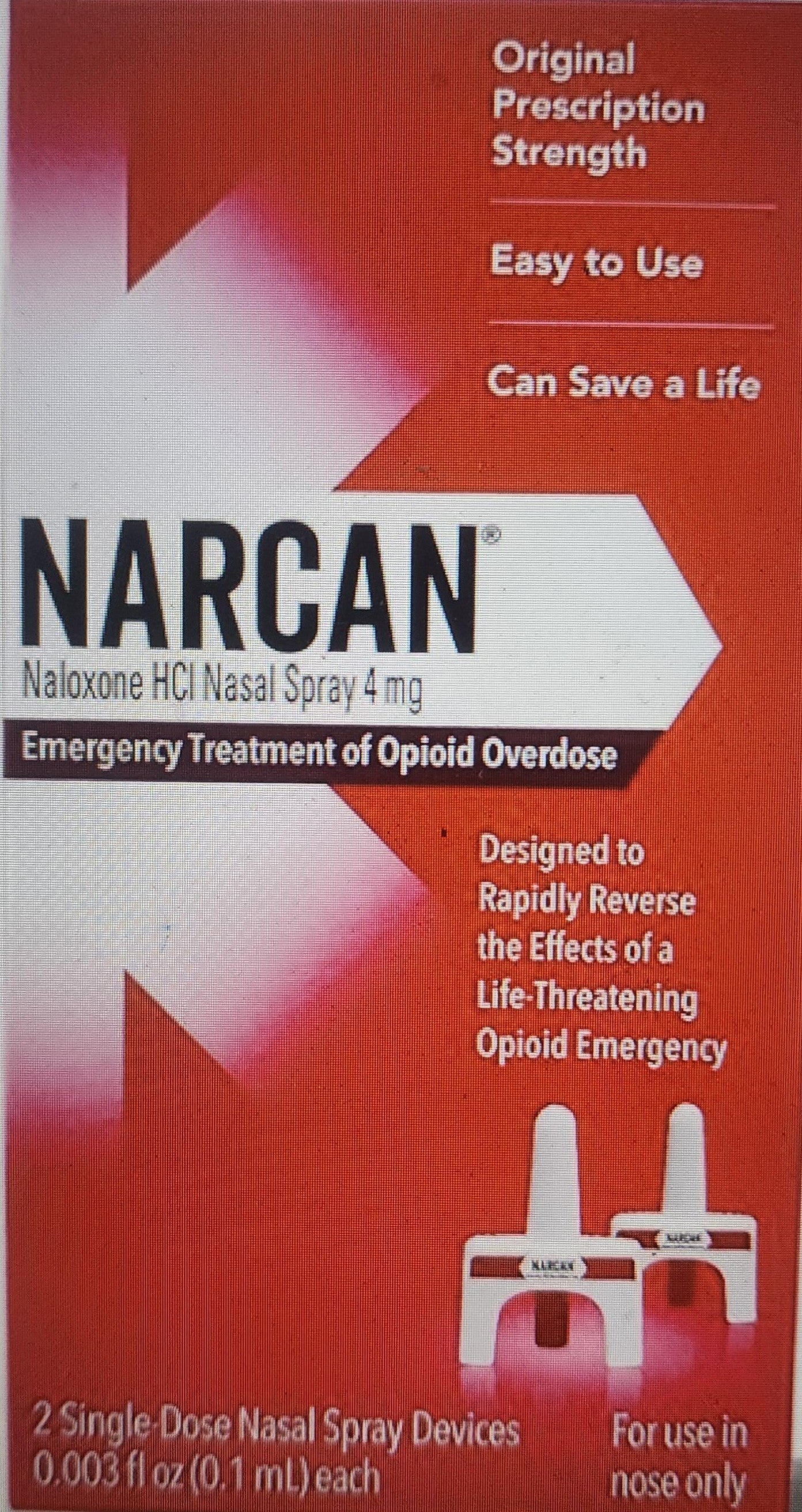 NARCAN Nasal Spray 4 mg, Emergency Treatment of Opioid Overdose, 2 Single-Dose Devices